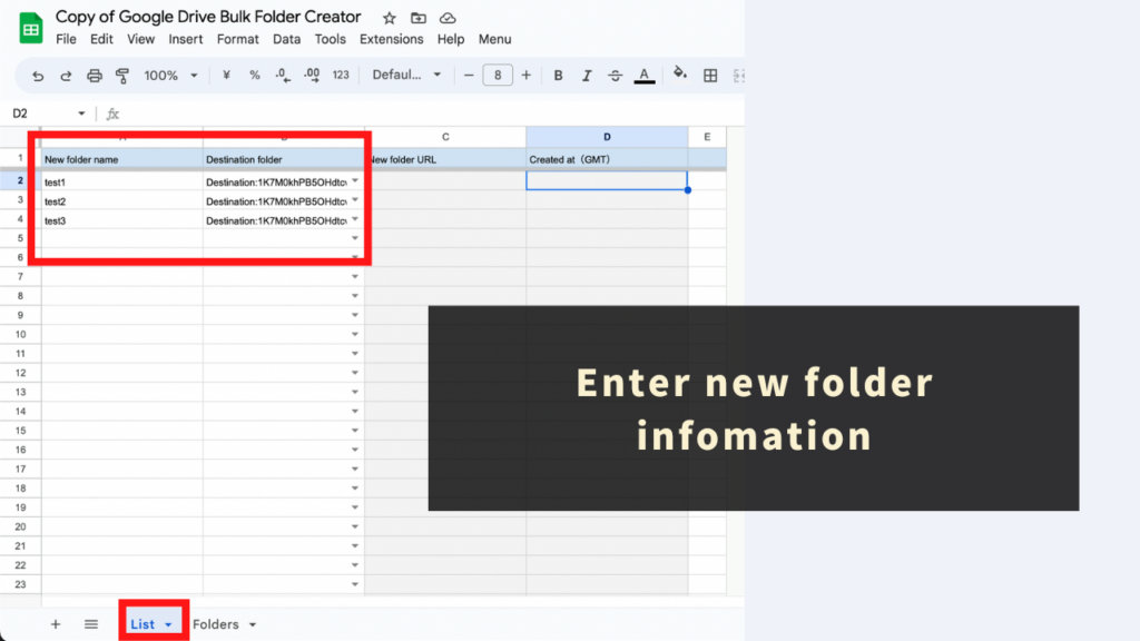 STEP 3: Set up the folder information you want to create in the "List" sheet