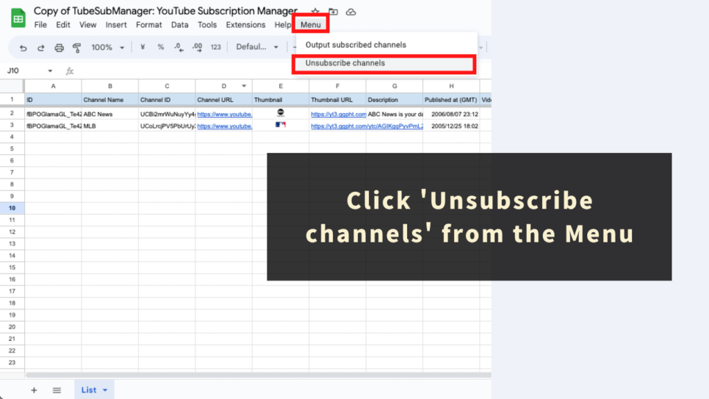 4: Click 'Unsubscribe channels' from the Menu