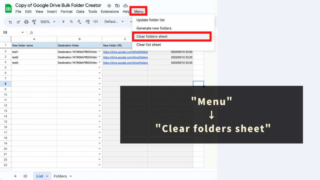 "Clear folders sheet"