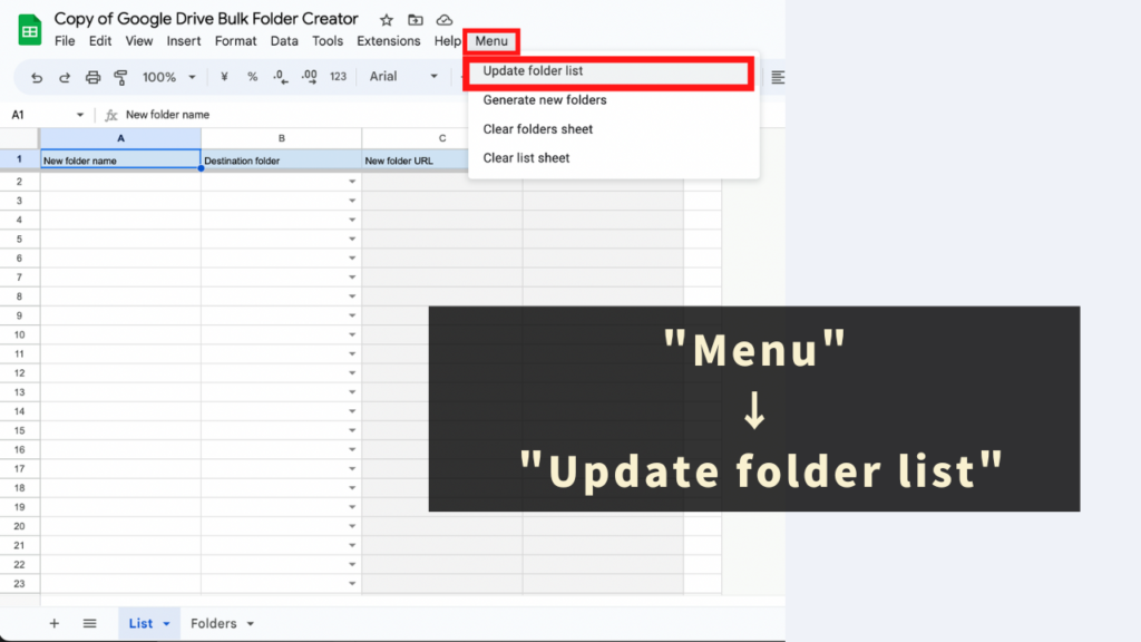 STEP 2: Click 'Update folder list' from the 'Menu' in the toolbar